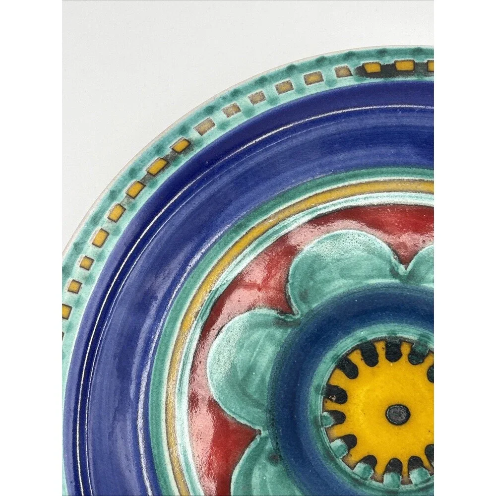 DeSimone Italy Art Ceramic Plate Signed Colorful Pottery Blue Red Flower 10 Inch